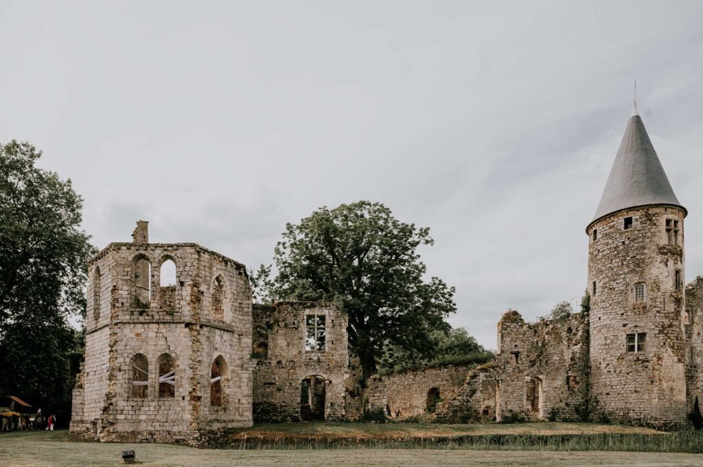 Vue panoramique des ruines du Château de Vivier avec sa tour majestueuse et ses bâtiments en pierre historique, au cœur de l'Île-de-France.