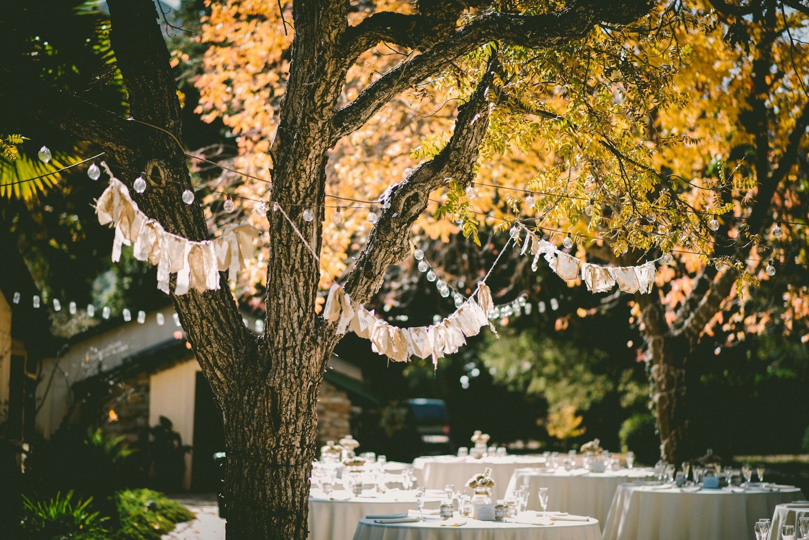 Table de mariage en extérieur dans un lieu naturel, avec une décoration simple et végétale.